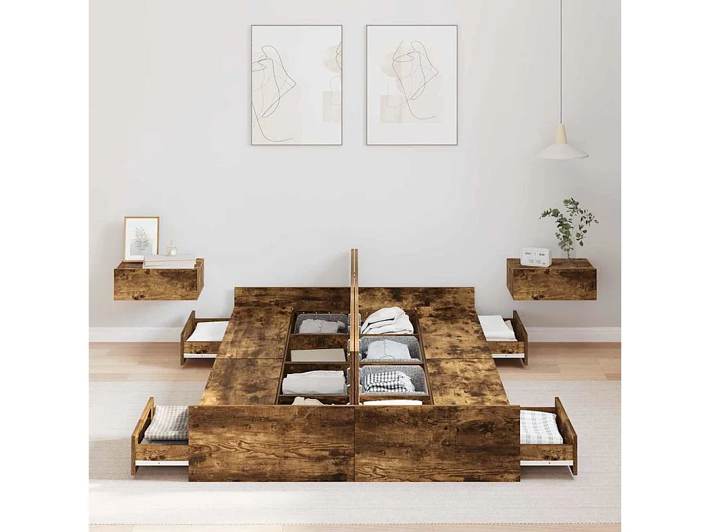 Opbergbedframe met lade Gerookt eiken 120 x 200 cm Bewerkt hout