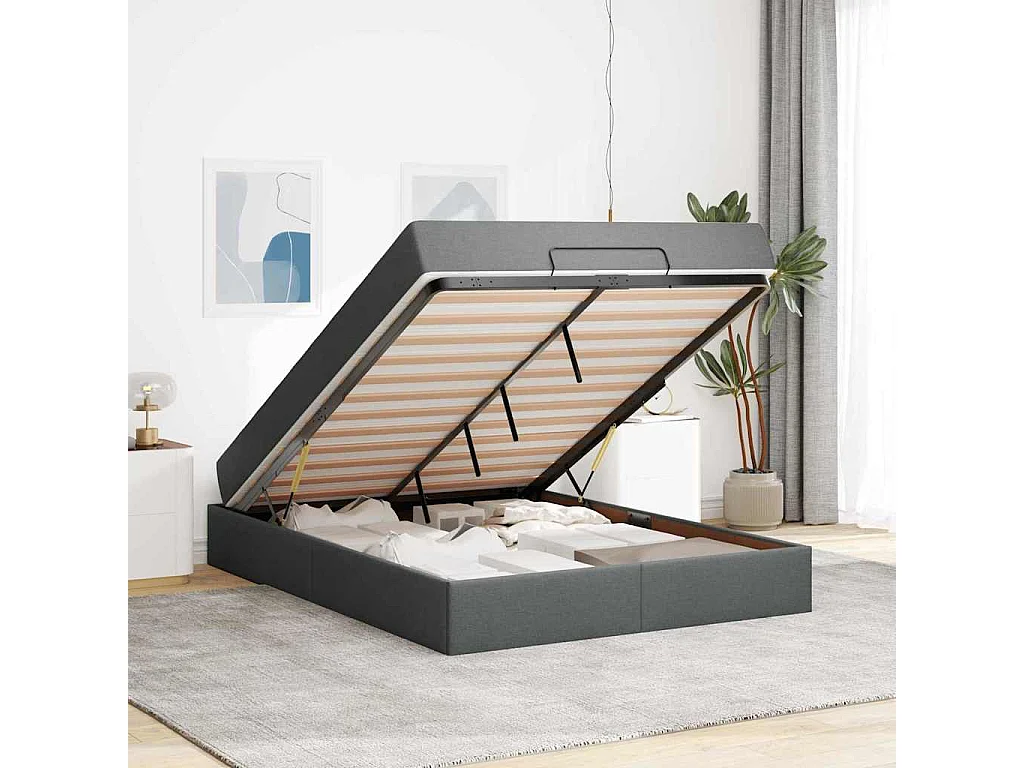 Cadre de lit avec matelas Gris foncé 140 x 190 cm tissu