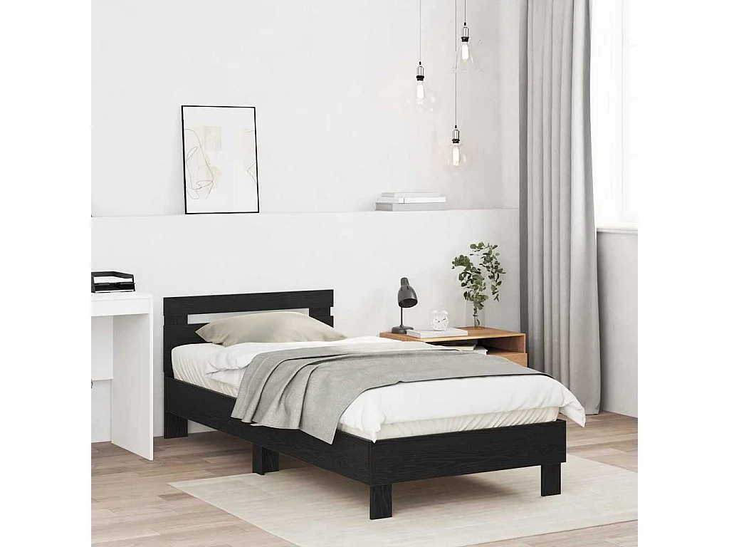 Bedframe met hoofdeinde Zwart Eiken 90 x 200 cm Bewerkt hout