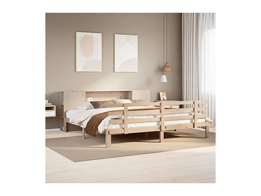 Lit bibliothèque sans matelas 200x200 cm bois massif de pin