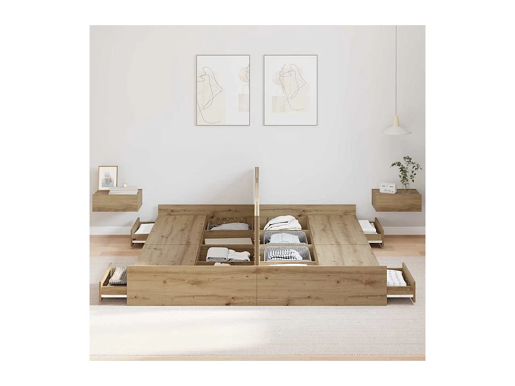 Cadre de lit avec rangement chêne artisanal 200 x 200 cm