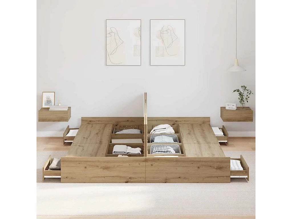 Cama con almacenamiento con cabecera Roble artisan 200 x 200 cm