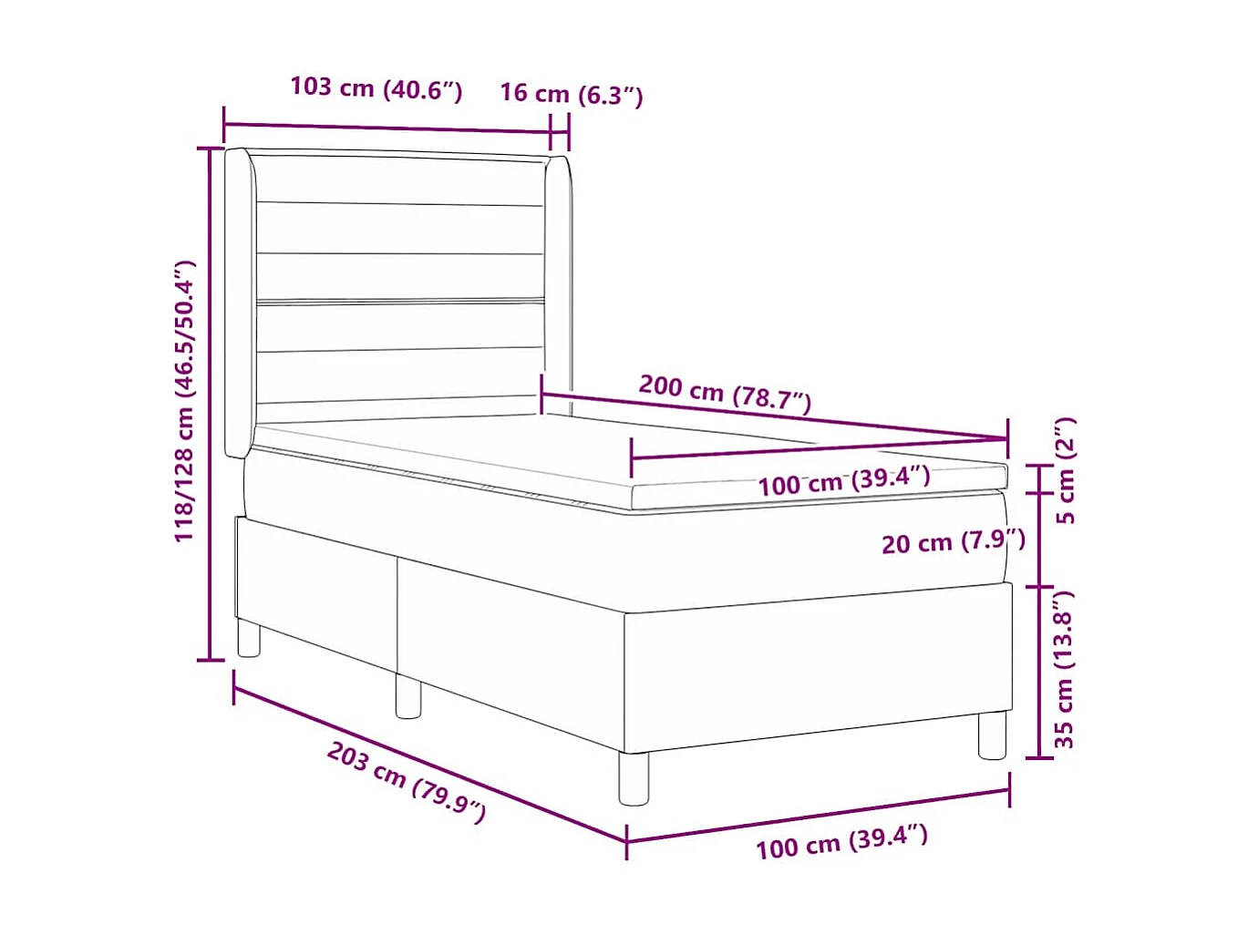 Cadre de lit avec matelas Noir 100 x 200 cm tissu