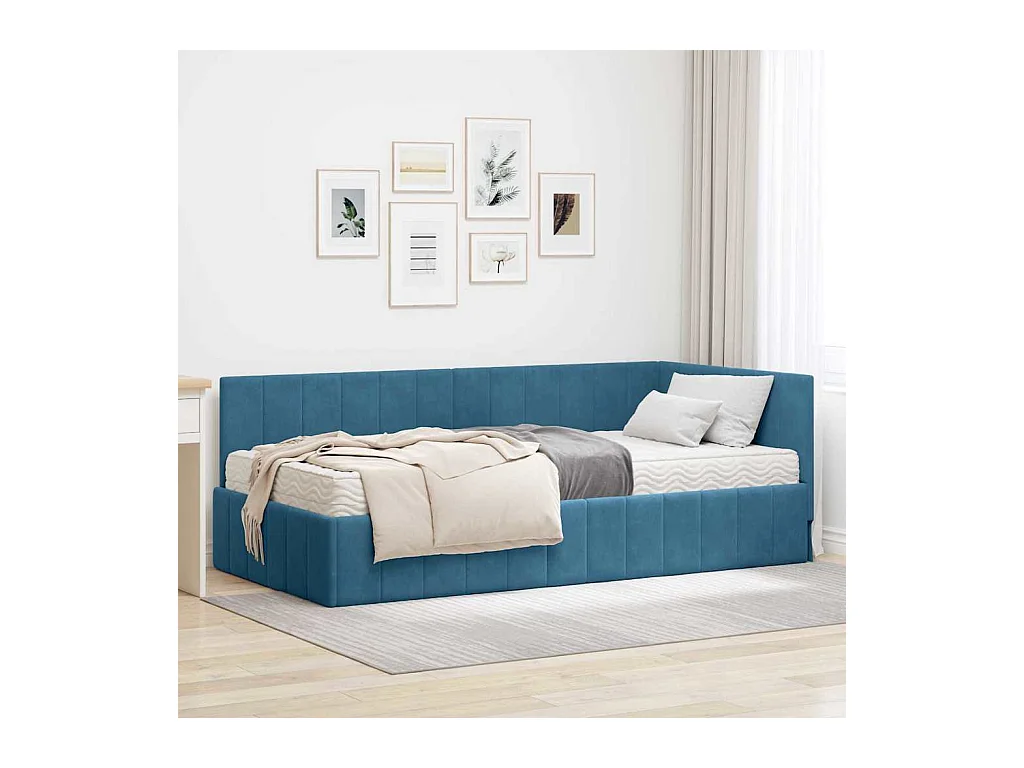 Cadre de lit d'angle avec matelas Bleu 90 x 190 cm Velours