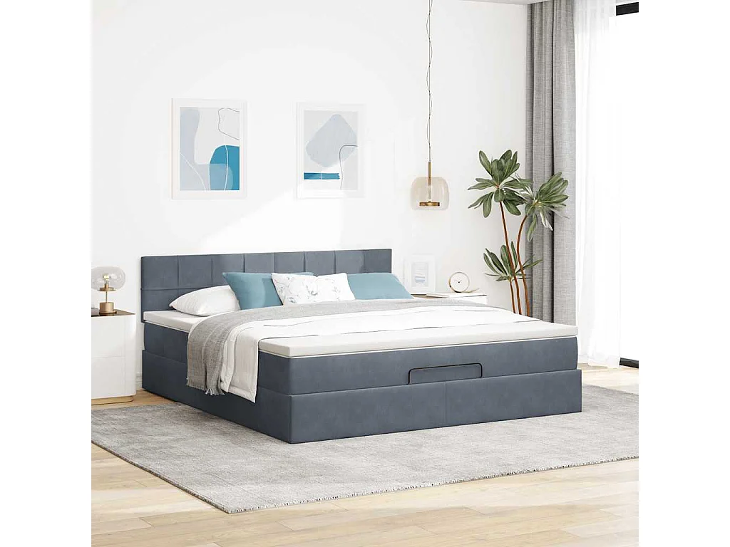 Cadre de lit ottoman avec matelas gris foncé 160x200 cm velours