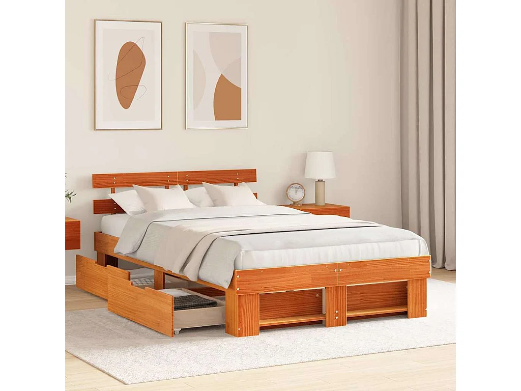 Cadre de lit avec tiroir Marron 135 x 190 cm Bois massif en pin