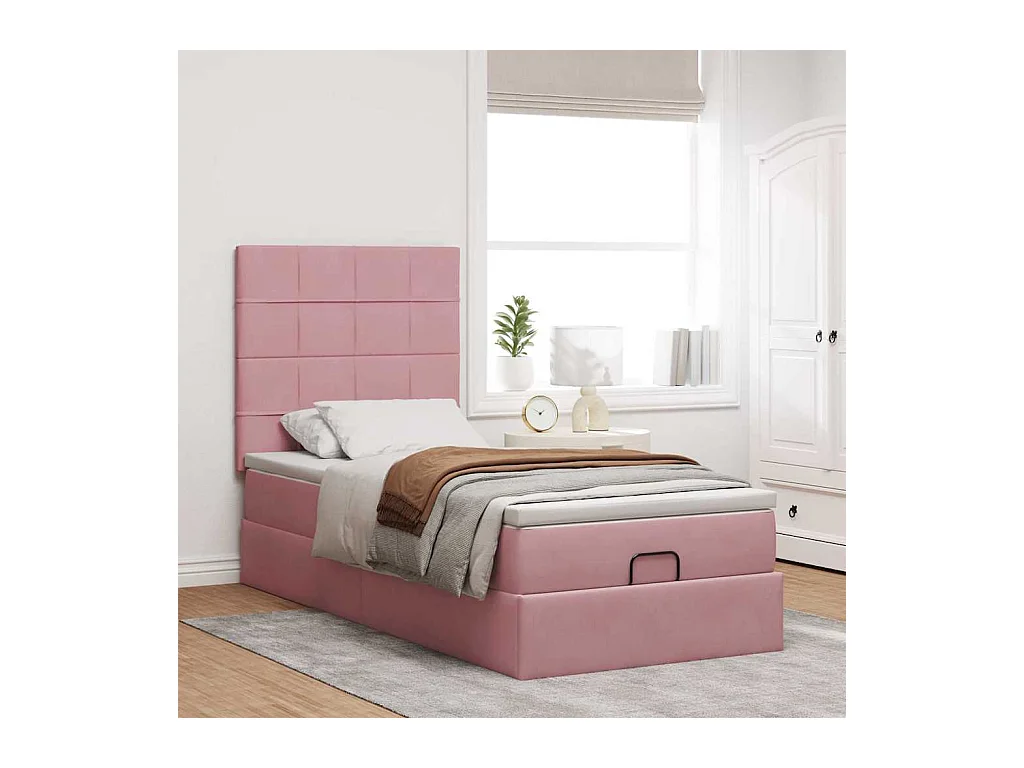 Cadre de lit ottoman avec matelas rose 90x200 cm velours