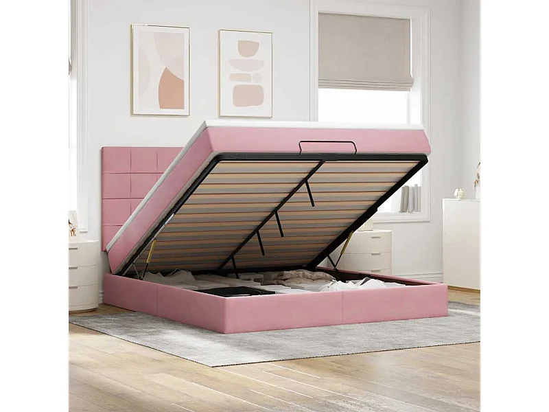 Estructura de cama otomana colchones terciopelo rosa 180x200cm