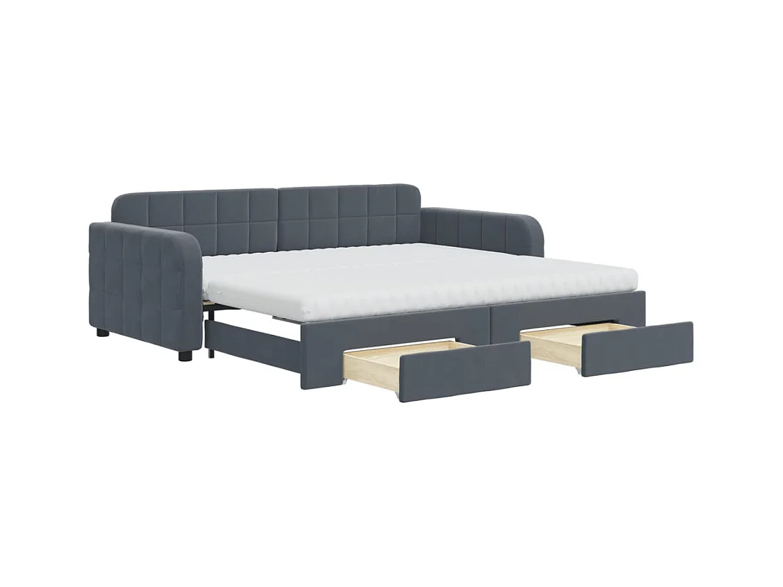 Lit de jour avec gigogne et tiroirs gris foncé 90x190cm velours