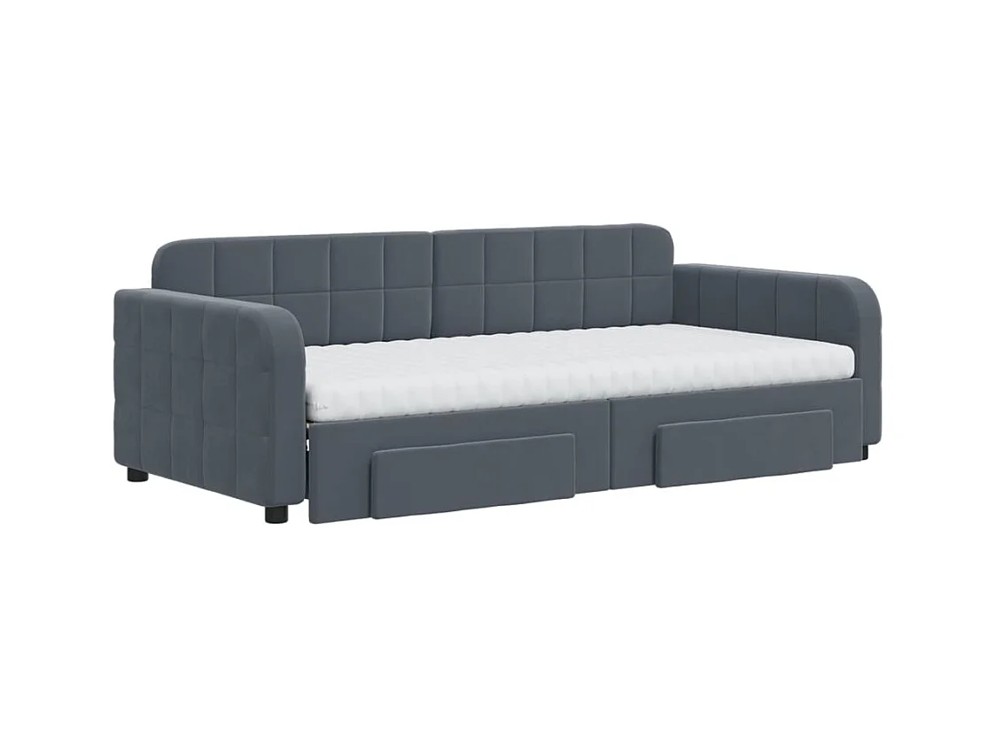 Lit de jour avec gigogne et tiroirs gris foncé 90x190cm velours