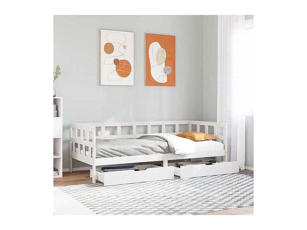 Sofá cama con cajones madera maciza de pino blanca 80x200 cm