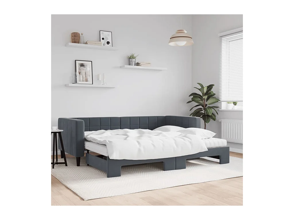 Lit de jour avec gigogne et matelas gris foncé 90x190cm velours