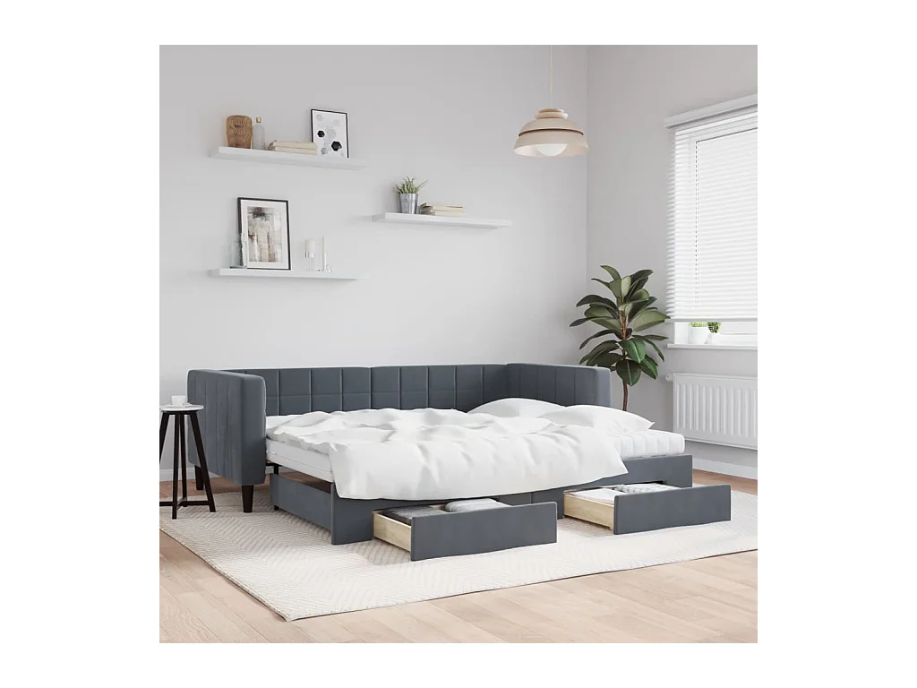 Lit de jour avec gigogne et tiroirs gris foncé 90x190cm velours