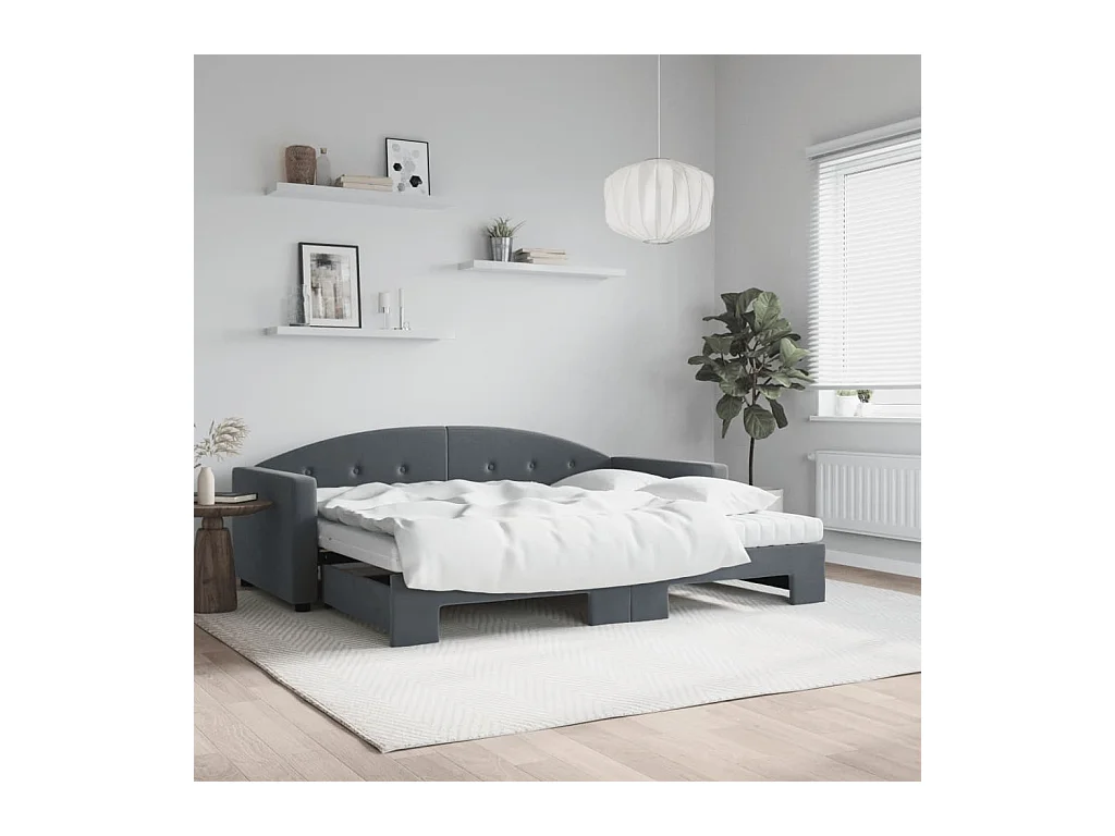 Lit de jour avec gigogne et matelas gris foncé 90x190cm velours