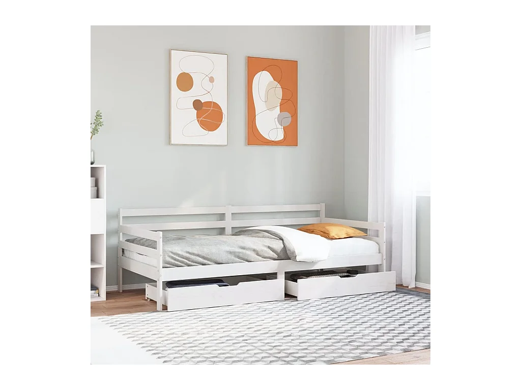 Lit de jour et tiroirs sans matelas blanc 90x190 cm bois massif