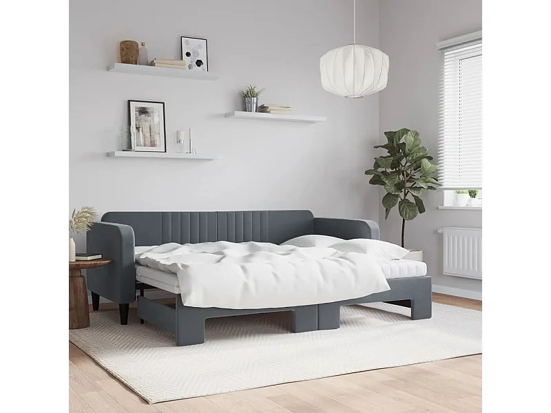 Lit de jour avec gigogne et matelas gris foncé 80x200cm velours