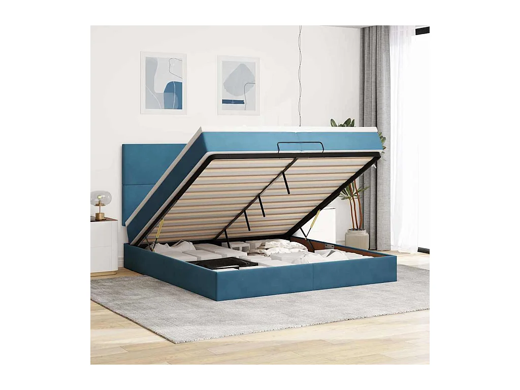 Estrutura de cama otomana com colchão azul escuro Veludo