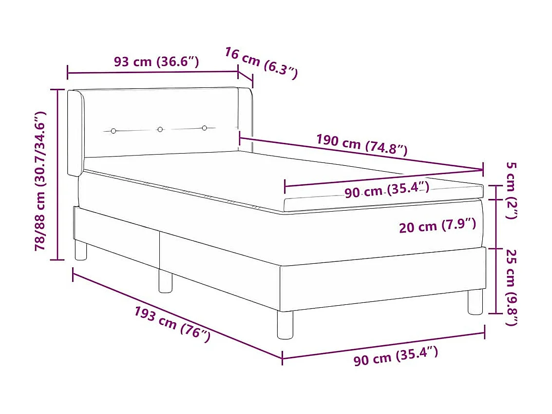 Cadre de lit avec matelas Gris foncé 90 x 190 cm tissu