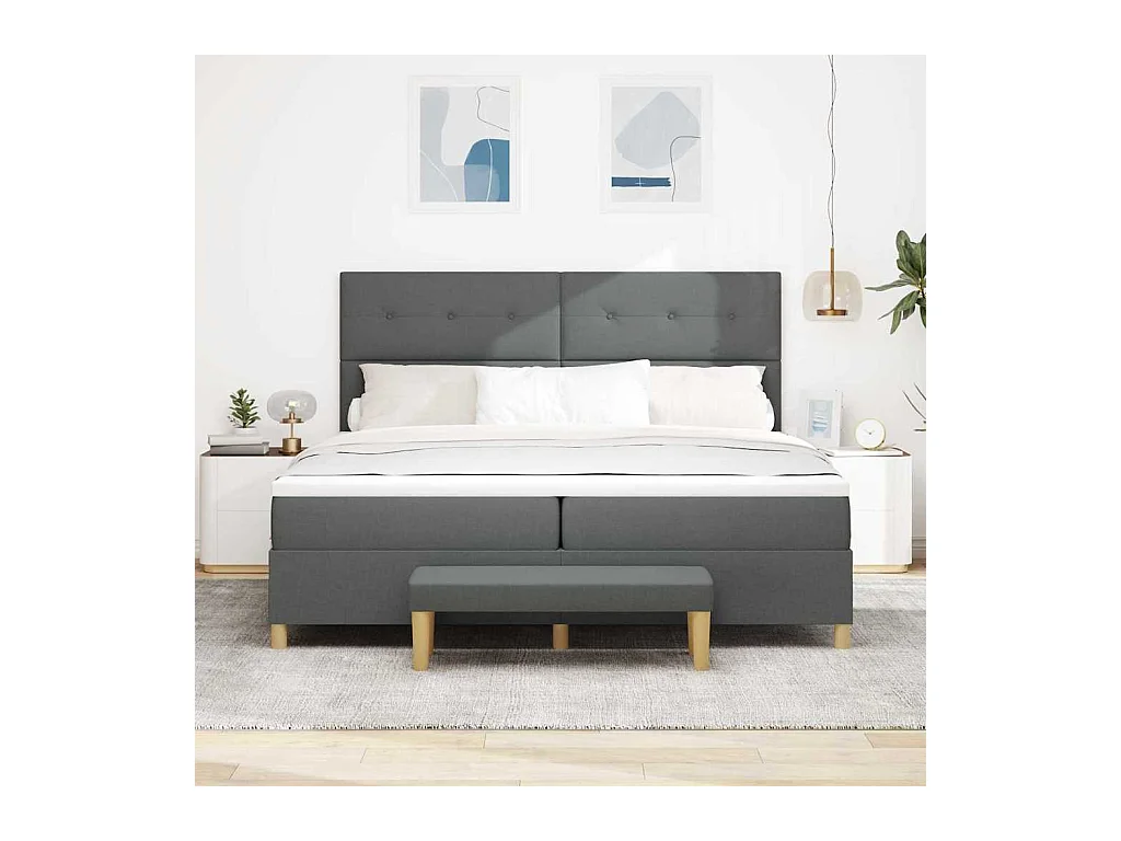 Cadre de lit avec matelas Gris foncé 200 x 200 cm tissu