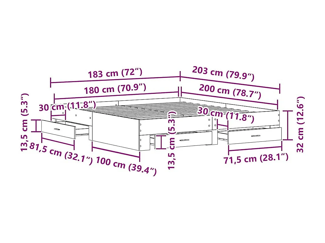 Cadre de lit avec tiroirs avec tiroir Chêne noir 180 x 200 cm