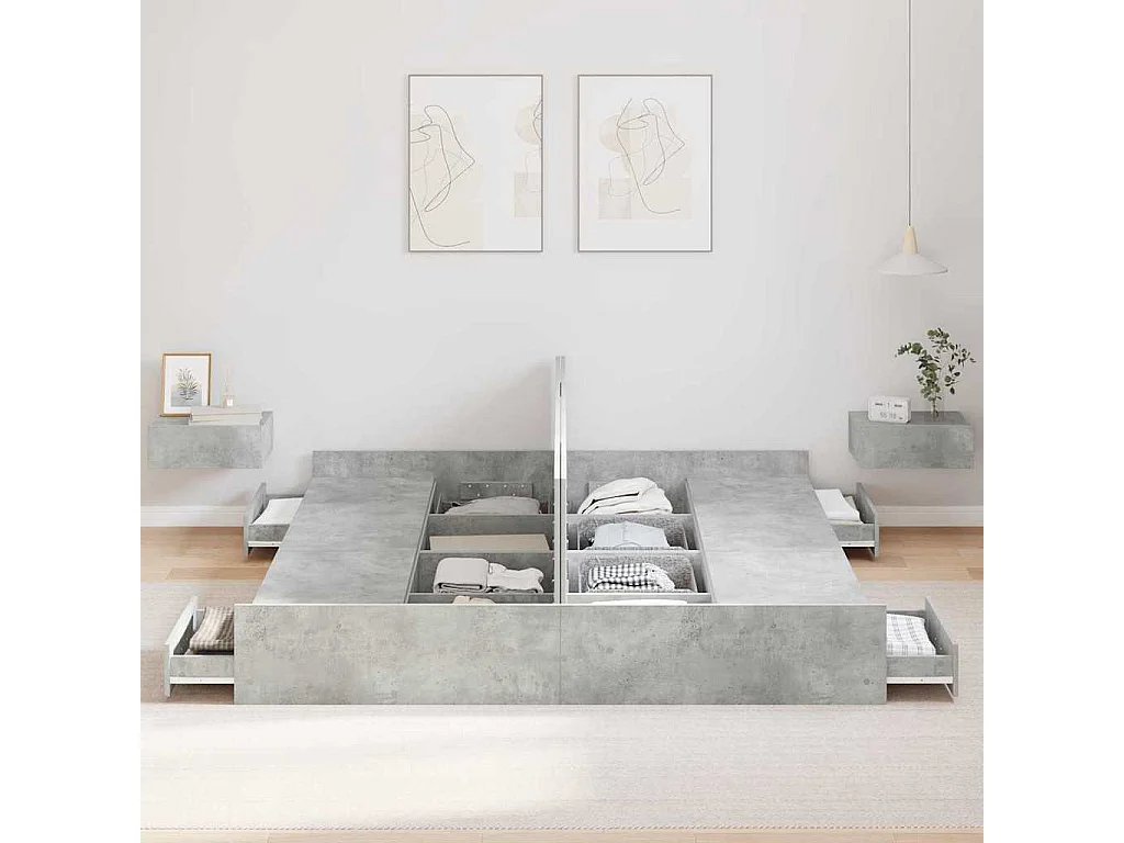 Cadre de lit avec rangement avec tiroir Gris béton 200 x 200 cm