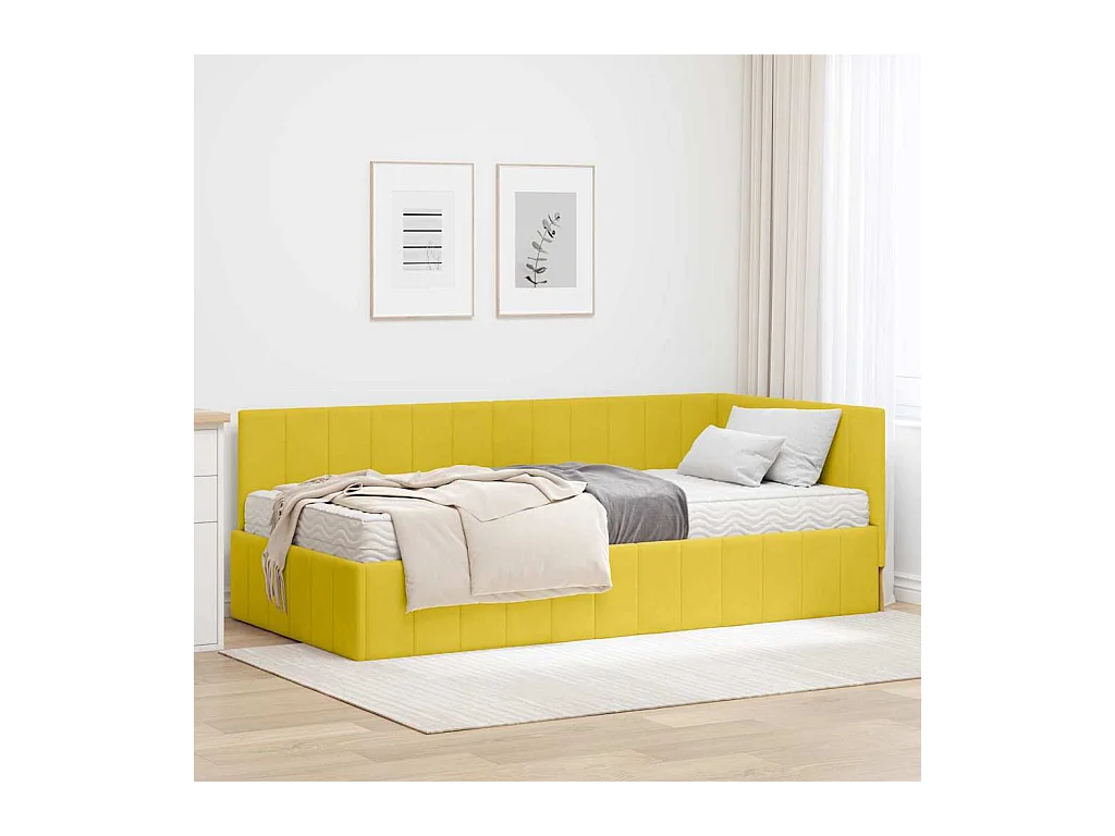 Cadre de lit d'angle avec matelas Jaune 90 x 200 cm Velours