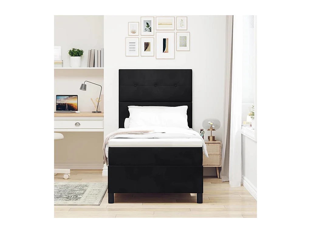 Cama Box com colchão com cabeceira Preto 100 x 200 cm Veludo