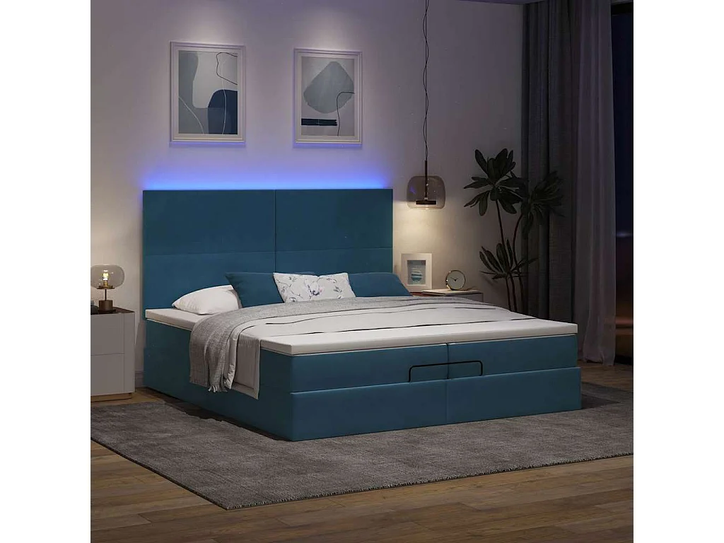 Cadre de lit ottoman avec matelas bleu foncé 200x200 cm velours