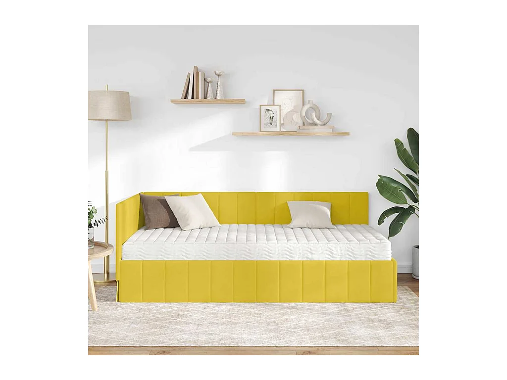 Cadre de lit d'angle avec matelas Jaune 90 x 190 cm Velours