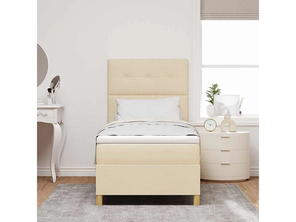 Cama tipo Box Spring con cabecera Crema 90 x 200 cm tela