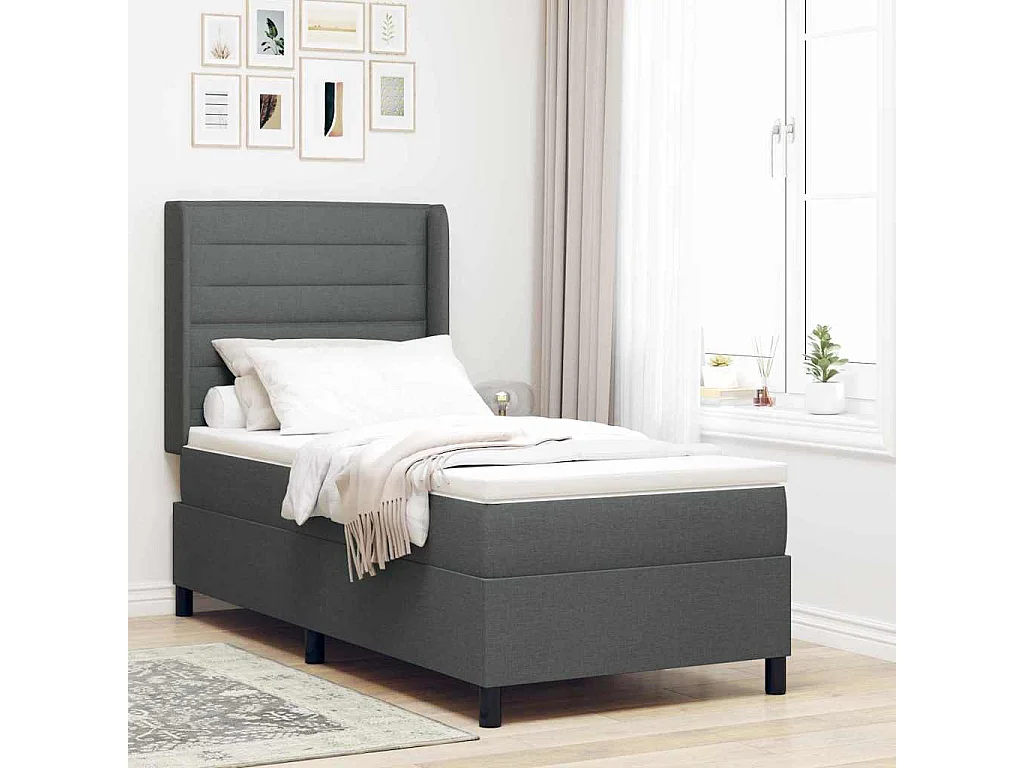 Cadre de lit avec matelas Gris foncé 90 x 190 cm tissu