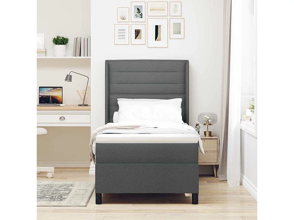 Cadre de lit avec matelas Gris foncé 90 x 190 cm tissu