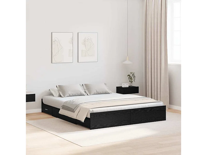 Opbergbedframe met lade Zwart eiken 140 x 200 cm Bewerkt hout