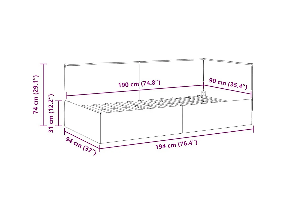 Cadre de lit d'angle Gris foncé 90 x 190 cm tissu