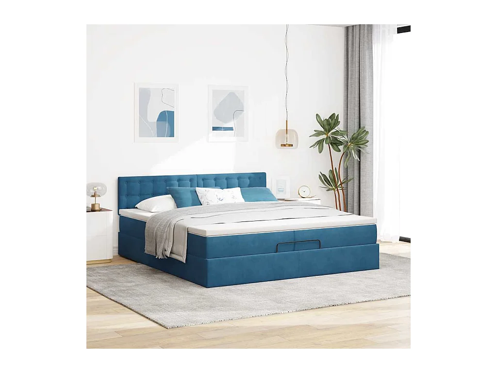 Cadre de lit ottoman avec matelas bleu foncé 200x200 cm velours