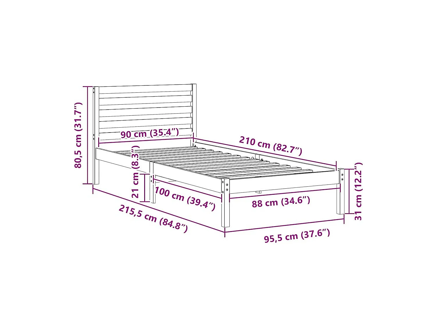Estrutura da Cama Branco 90 x 210 cm Madeira de pinho maciça