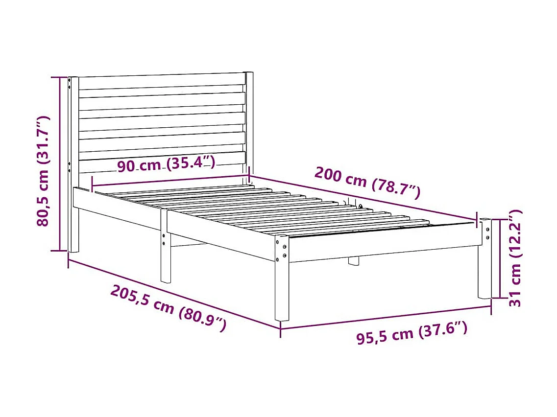 Cadre de lit Marron cire 90 x 200 cm Bois massif en pin