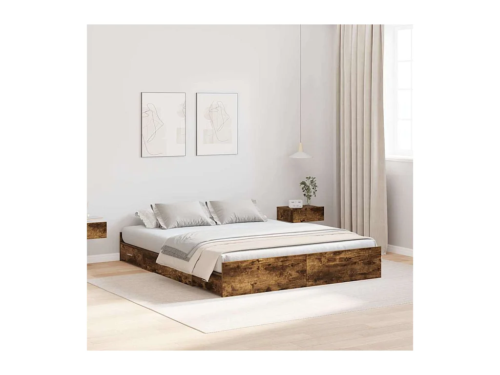 Opbergbedframe met lade Gerookt eiken 140 x 200 cm Bewerkt hout