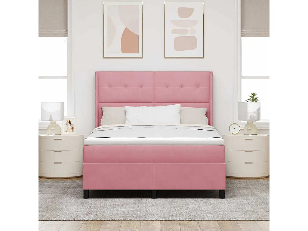 Cama con Box Spring LED y Colchón Rosa 160 x 200 cm Terciopelo