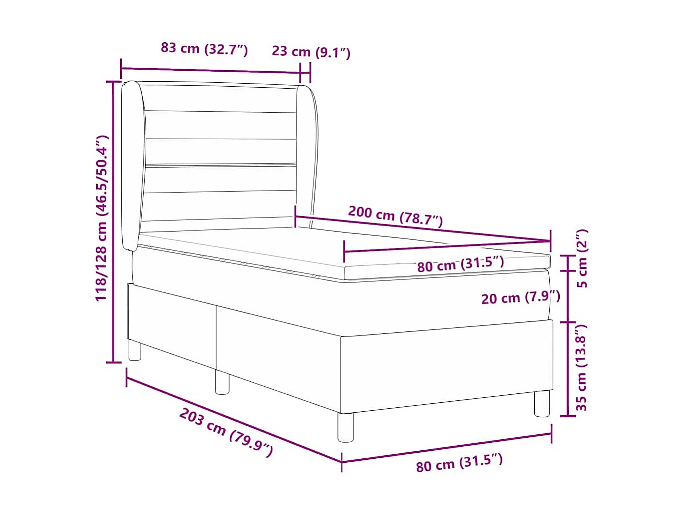Cama tipo Box Spring con colchón Negro 80 x 200 cm tela