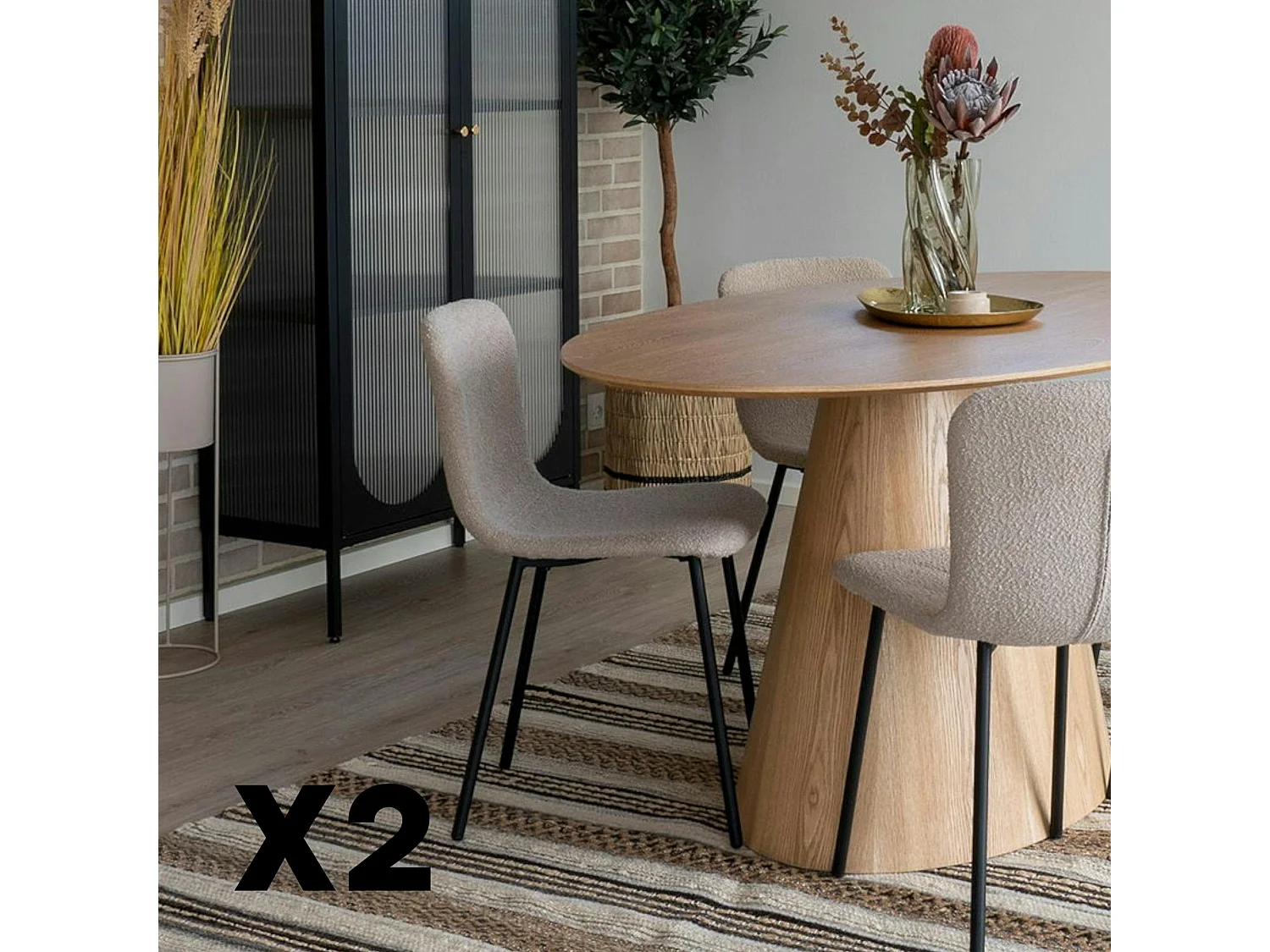 Chaise bouclette beige pieds métal noir (lot de 2) LOTA