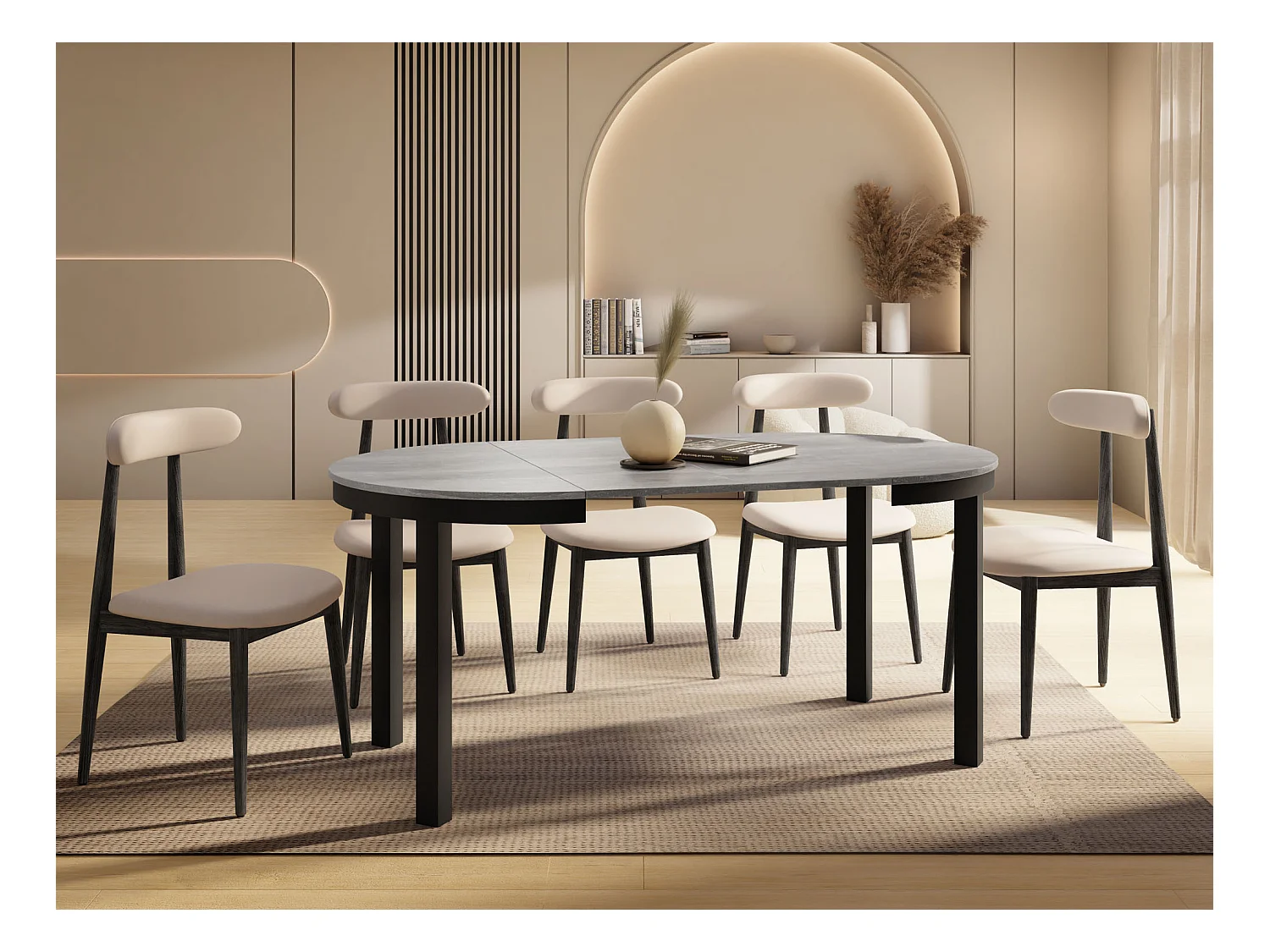 Table à Manger Ronde Extensible avec Pieds Métalliques Noirs – Table Industrielle – Table Gain de Place pour Salon ou Cuisine – 100 cm à 180 cm – Gris Béton