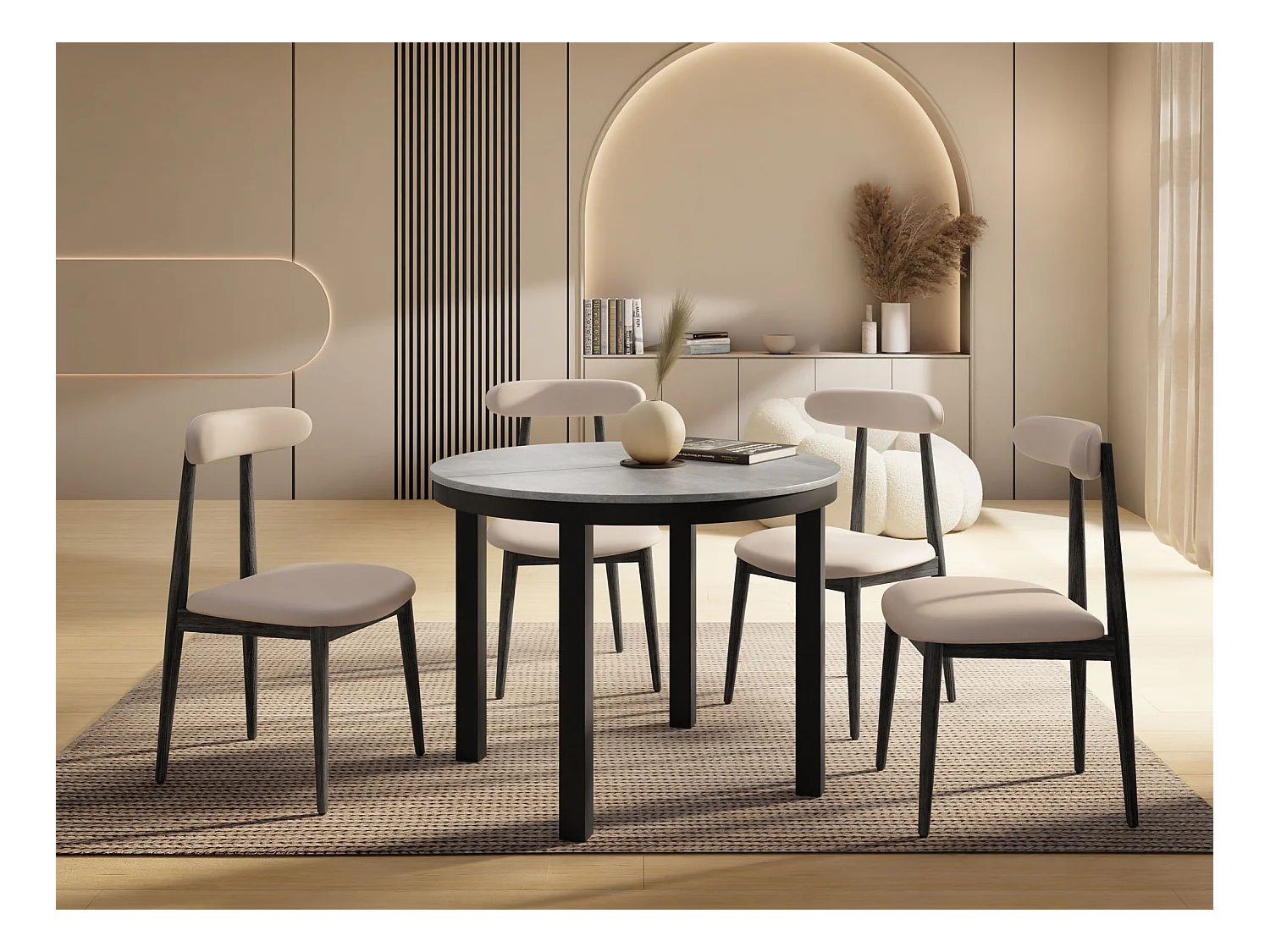 Runder Ausziehbarer Esstisch mit Schwarzem Metallgestell – Platzsparender Tisch im Loft-Stil – Grauer Beton mit Schwarzen Metallbeinen – 100 bis 180 cm