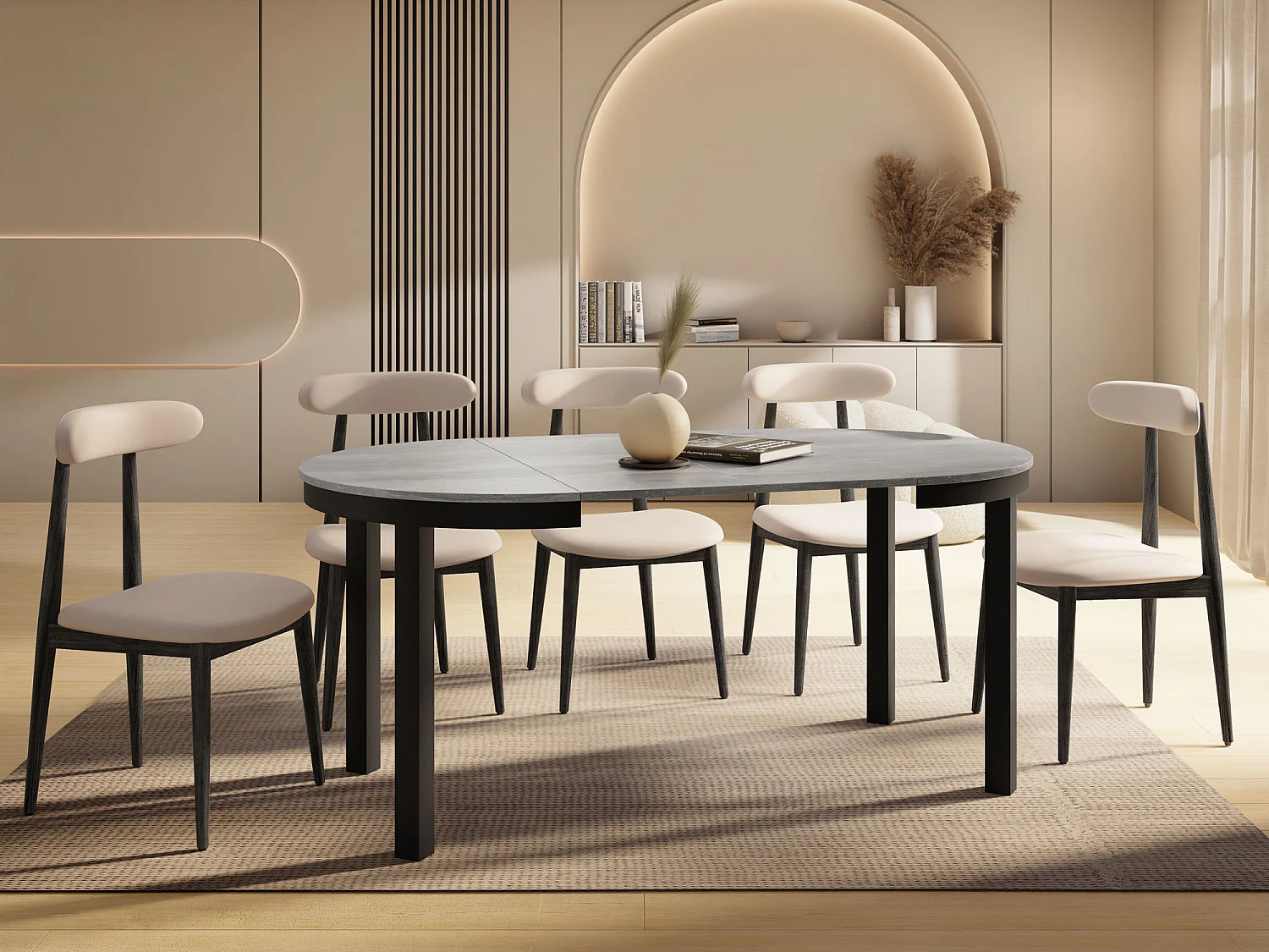 Runder Ausziehbarer Esstisch mit Schwarzem Metallgestell – Platzsparender Tisch im Loft-Stil – Grauer Beton mit Schwarzen Metallbeinen – 100 bis 180 cm