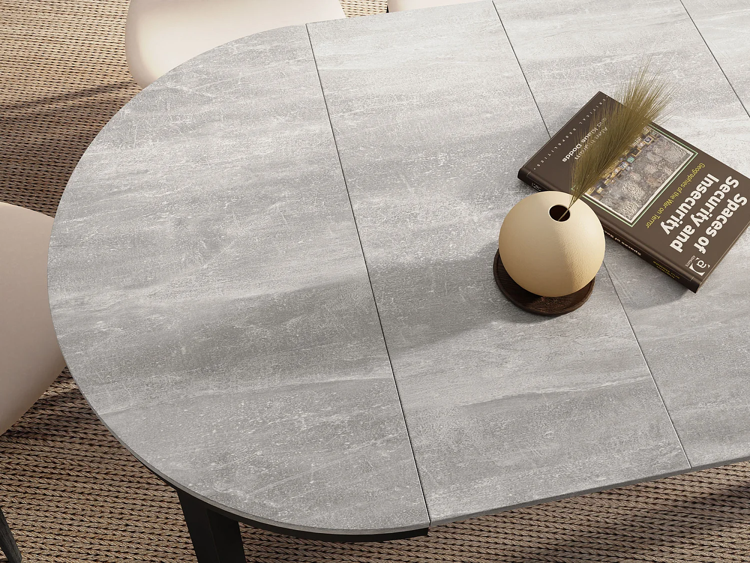 Runder Ausziehbarer Esstisch mit Schwarzem Metallgestell – Platzsparender Tisch im Loft-Stil – Grauer Beton mit Schwarzen Metallbeinen – 100 bis 180 cm