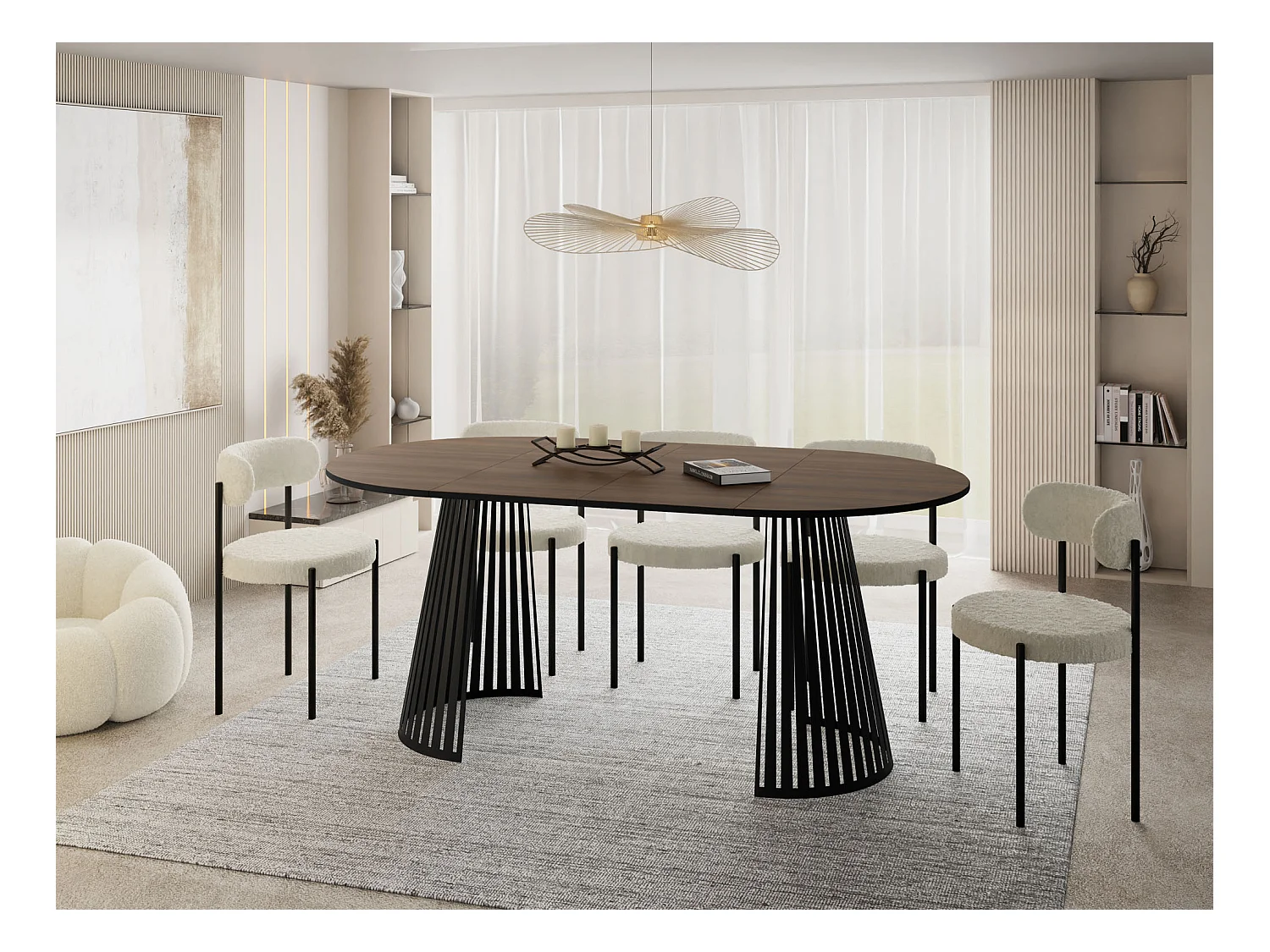 Esstisch Rund Ausziehbar mit Lamellen im Loft-Stil – 120 cm – Industrieller Tisch mit Schwarzen Metallbeinen, Platzsparend für Wohnzimmer – Walnuss Braun
