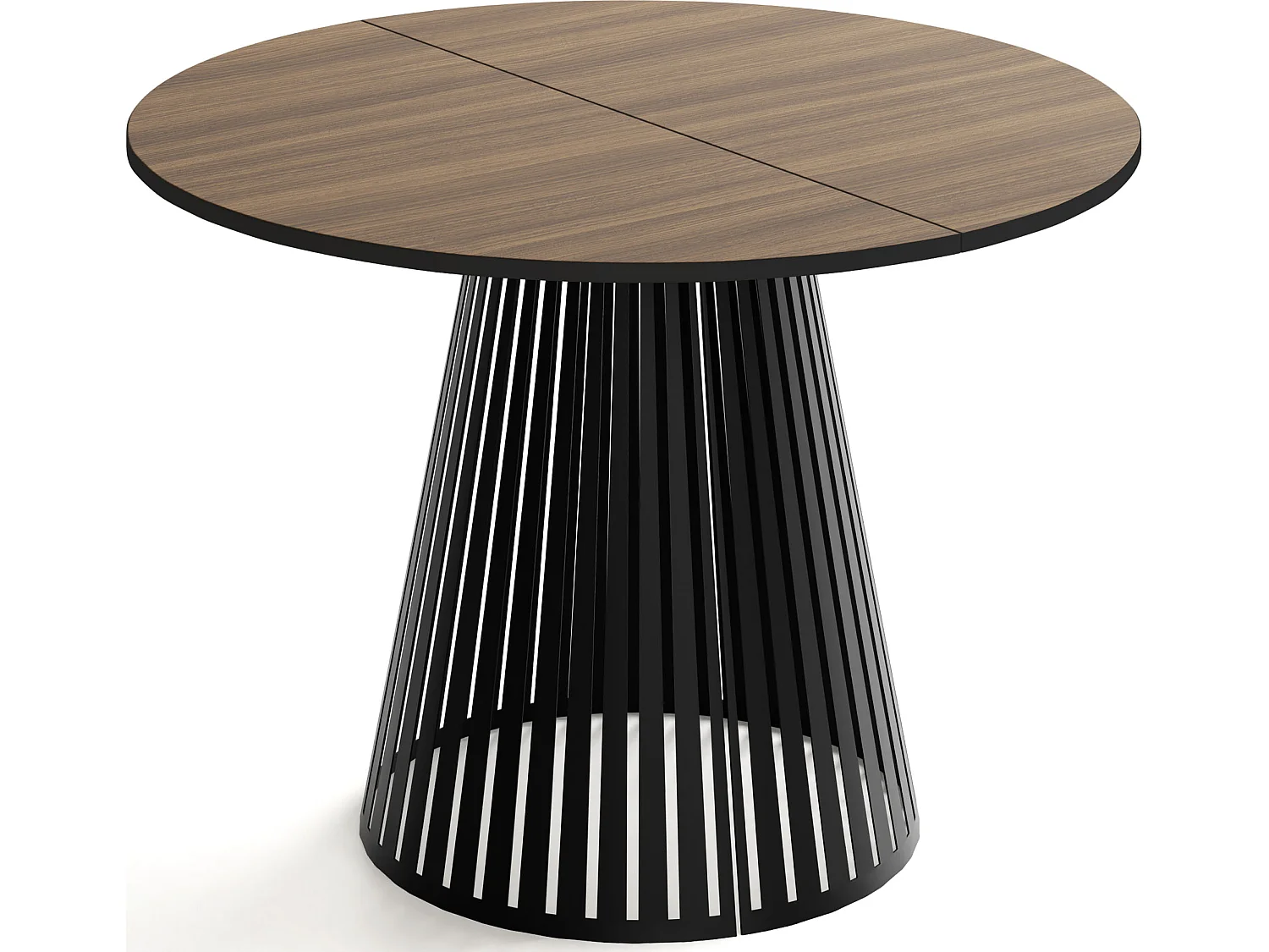 Esstisch Rund Ausziehbar mit Lamellen im Loft-Stil – 120 cm – Industrieller Tisch mit Schwarzen Metallbeinen, Platzsparend für Wohnzimmer – Walnuss Braun