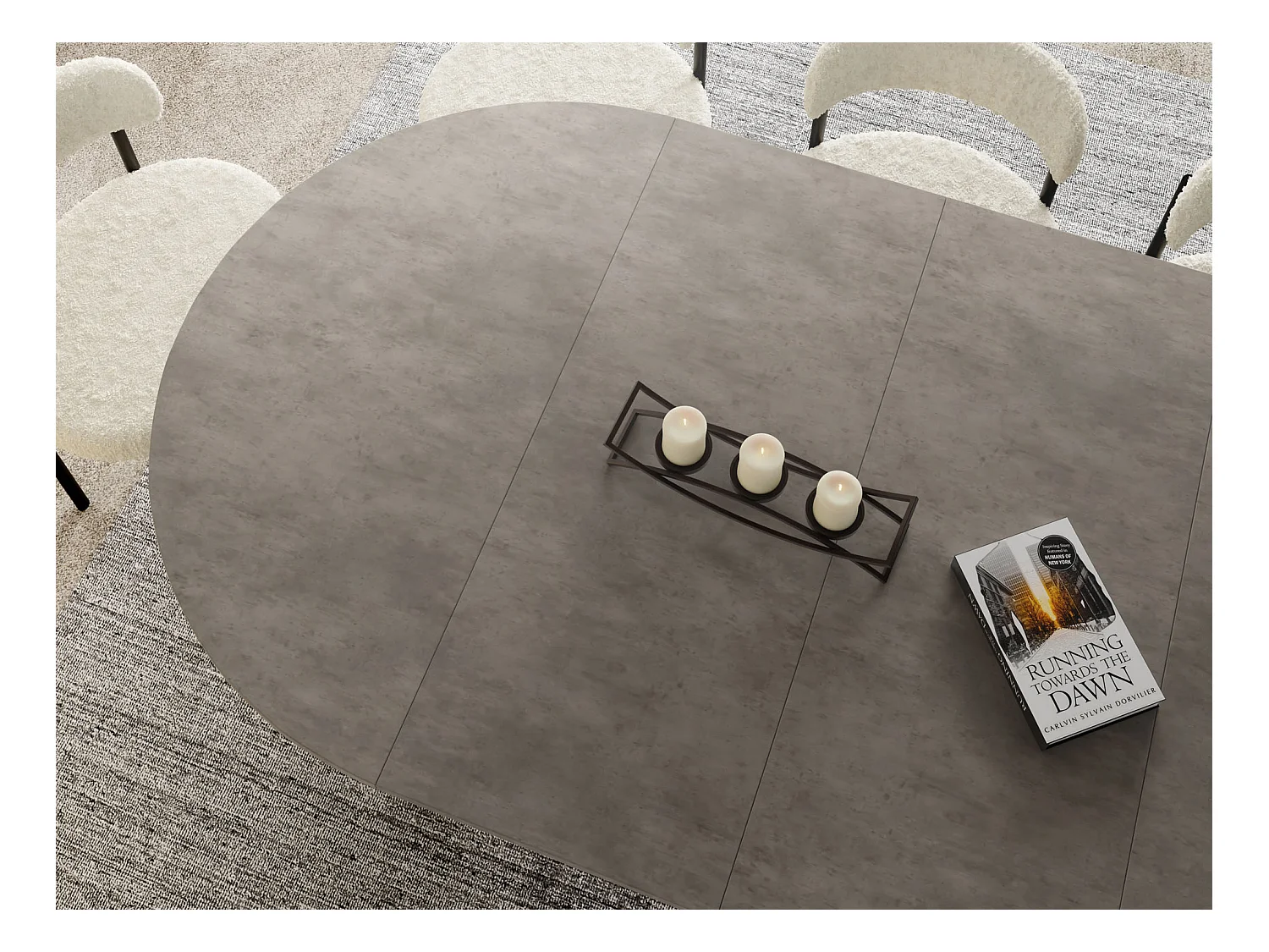 Table à Manger Ronde Extensible Style Loft – 120 à 200 cm – Design Industriel avec Pieds en Métal Blanc, Gain de Place pour Salon Salle à Manger – Béton Gris Foncé