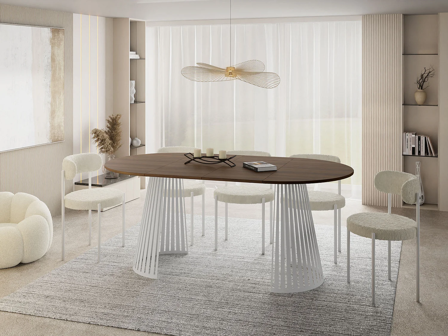 Table à Manger Ronde Extensible Style Loft – 120 à 200 cm – Design Industriel avec Pieds en Métal Blanc, Gain de Place pour Salon ou Salle à Manger – Marron Noyer