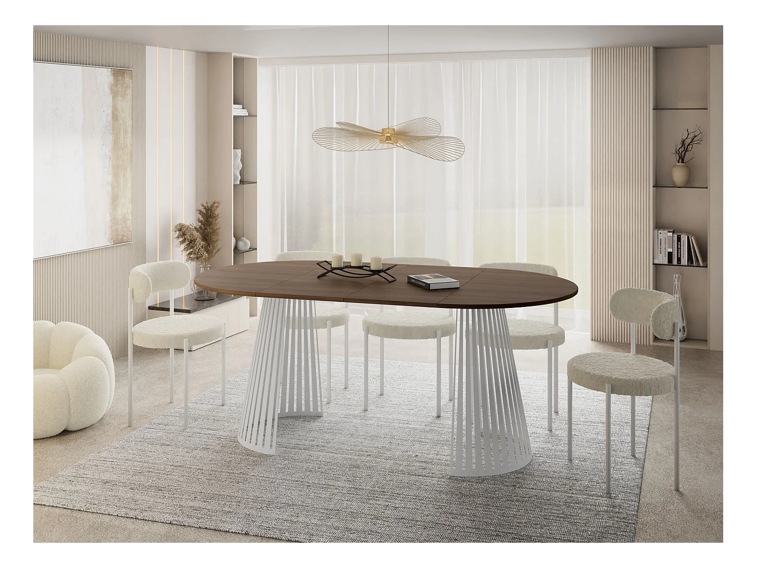 Esstisch Rund Ausziehbar mit Lamellen im Loft-Stil – 120 cm – Industrieller Tisch mit Weißen Metallbeinen, Platzsparend für Wohnzimmer – Walnuss Braun